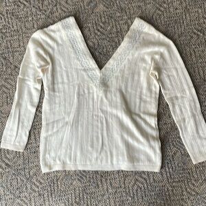 Sézane Cream V‑Neck Lace Trim Lightweight Sweater